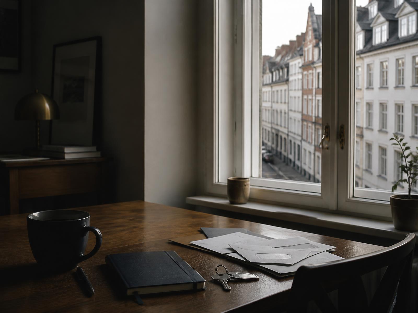 A desk by the window with a notebook, keys and official letters in a German apartment